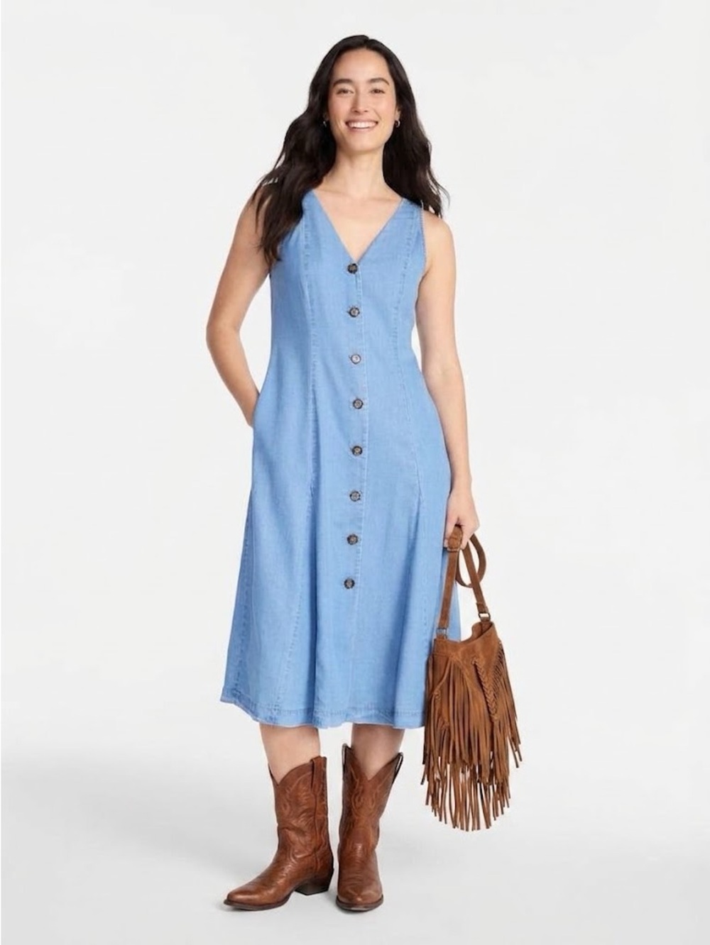 3/$45 Soft 100% Lyocell Blue Button Front Midi Dress S Boho Western Festival
